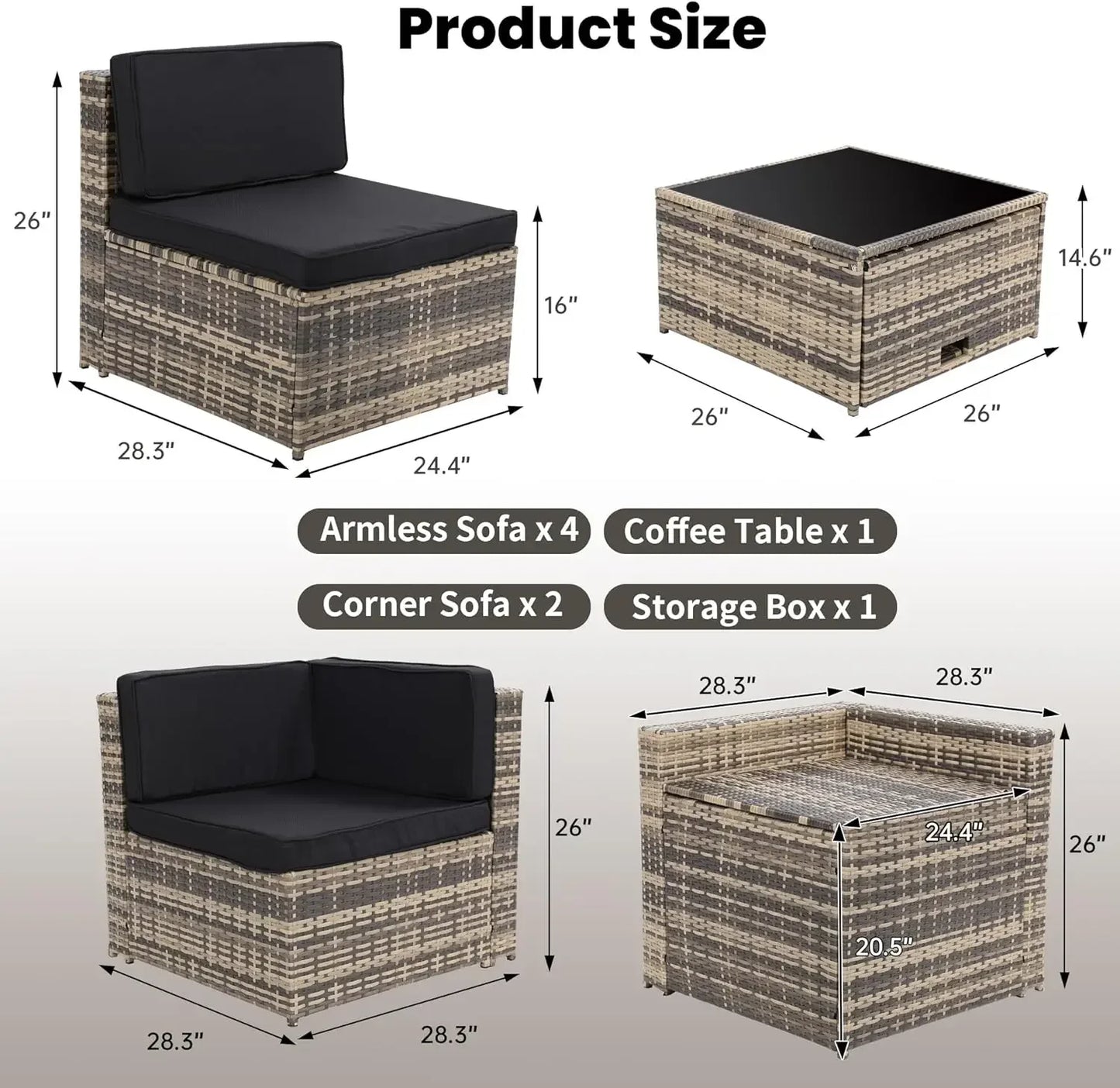 8 Pieces Outdoor Wicker Rattan Patio Furniture Sectional Set, Glass Top Table with Hidden Storage