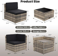 8 Pieces Outdoor Wicker Rattan Patio Furniture Sectional Set, Glass Top Table with Hidden Storage