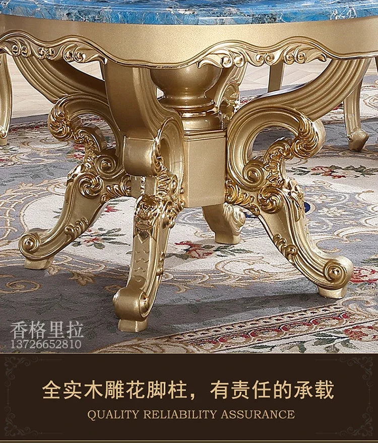 A55 European dining table andchairs American marble round table with turntable solid wood carving flower luxury champagne gold r