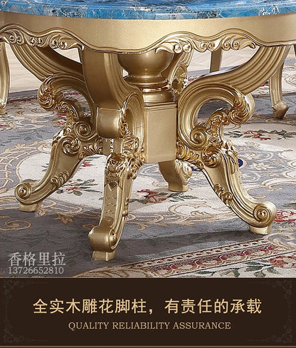 A55 European dining table andchairs American marble round table with turntable solid wood carving flower luxury champagne gold r