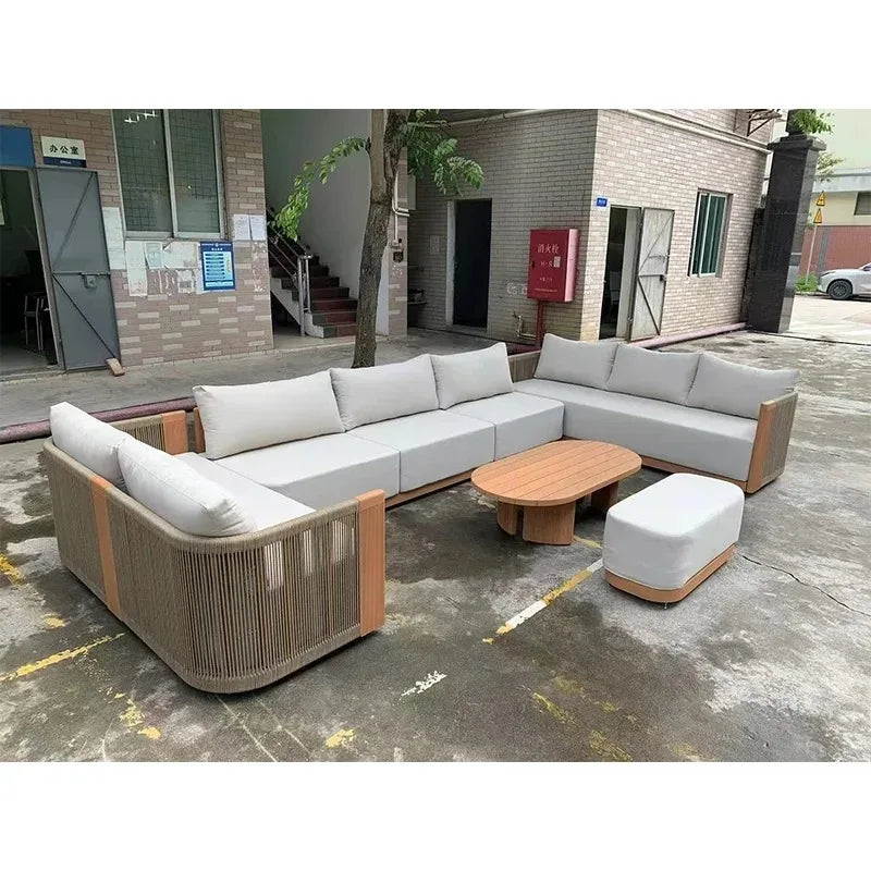 Outdoor Furniture Lounge Sets Modern Garden Teak Wood Couch Sofa Luxury Style Combination Teakwood Rope Sofa Set