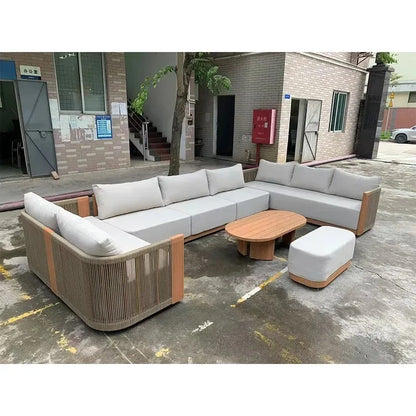 Outdoor Furniture Lounge Sets Modern Garden Teak Wood Couch Sofa Luxury Style Combination Teakwood Rope Sofa Set