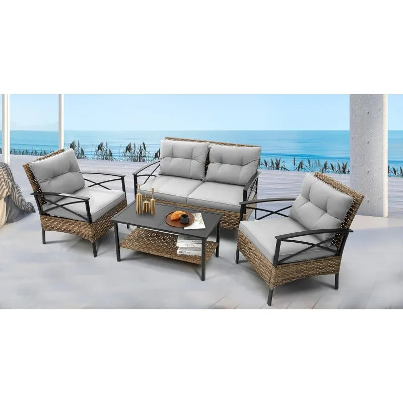 Outdoor Patio Furniture Set, 4 Piece Backyard Wicker Conversation Sets, Rattan Sofa with Table for Balcony Porch Outside