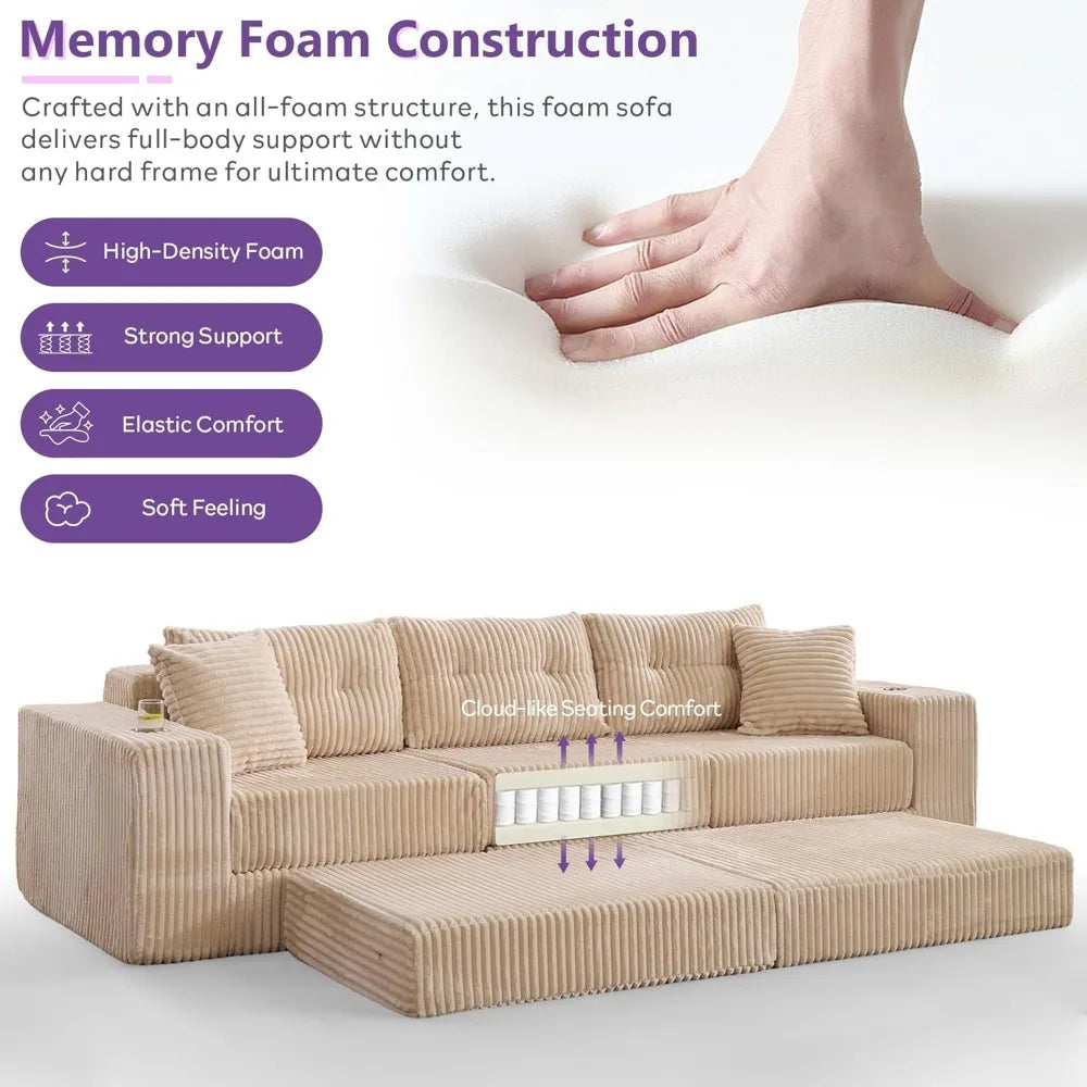 Modular Sectional Sofa Couch, Corduroy Cloud Boneless Foam Couch with Deep Seats & Cup Holder, Modern Comfy Sleeper, Customized