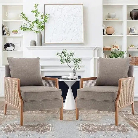Mid Century Modern Accent Chair Upholstered Living Room Chairs Armchair with Rattan Armrest Comfy Reading Chair
