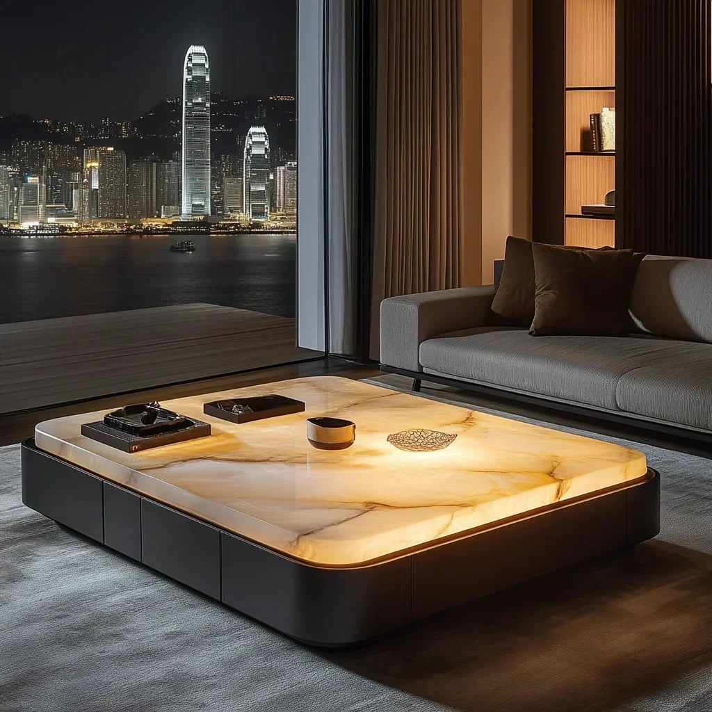 GLuminous jade coffee table, natural marble rectangular luxury stone, high-end light luxury style, living room coffee table