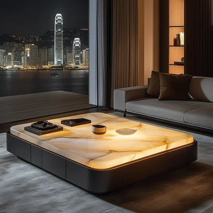 GLuminous jade coffee table, natural marble rectangular luxury stone, high-end light luxury style, living room coffee table