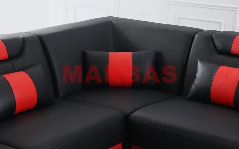 Modern LED Light Genuine Leather Sectional Sofa Set with Storage Shelves, USB Charging Ports, Cup Holder and Contemporary Design
