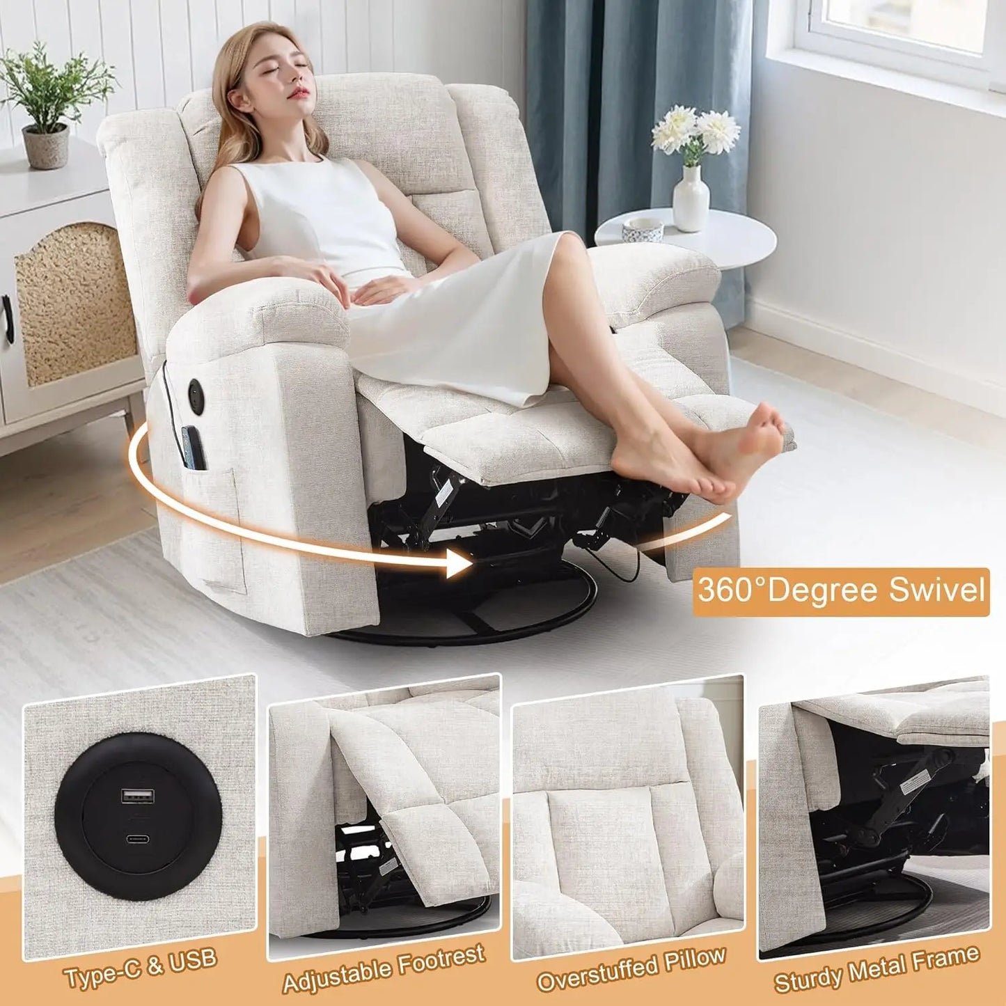 Rocker Recliner Glider Recliner Chairs for Adults 360 Swivel Rocking Chair with Massage and Heating Nursery Chair with Storage