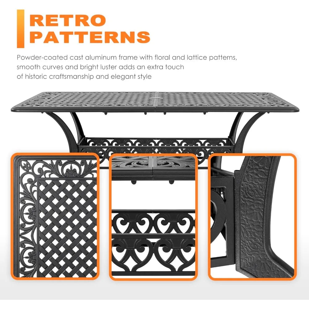 60" outdoor dining table with 2.09" umbrella hole, all weather cast aluminum outdoor patio table, 6-8 person rectangle dining t