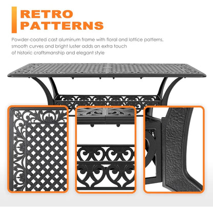 60" outdoor dining table with 2.09" umbrella hole, all weather cast aluminum outdoor patio table, 6-8 person rectangle dining t