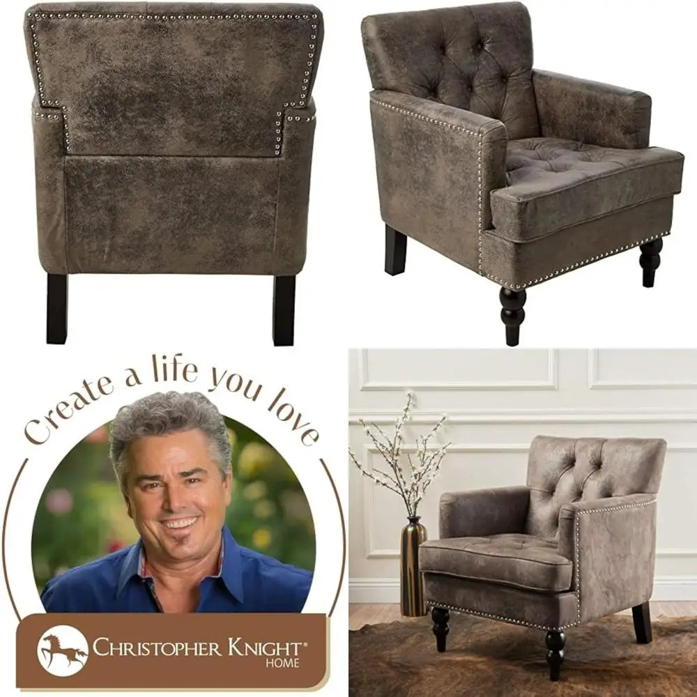 "medford brown upholstered club chair with fabric accents and nailhead trim"