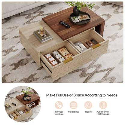 Tribesigns Extendable Coffee Table, 42"-65" Length Adjustable Reversible Wood Coffee Table with 2 Storage Drawers