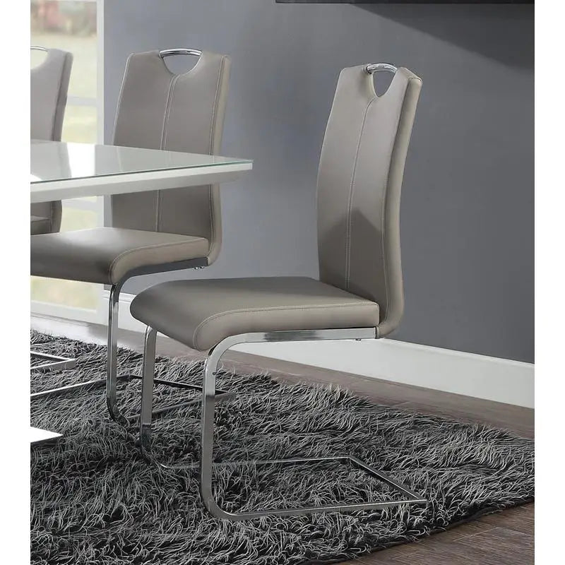 Set of 2 Chrome Metal Finish Side Chairs, Gray-Taupe Faux Leather Upholstery, Casual Dining Furniture