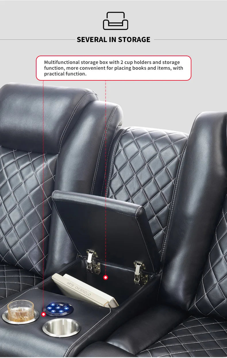 Power Reclining Sofa Couch with Wireless Charger 3 Seaters Recliner  Reading Light Leather Bluetooth Speaker Theater Seating LED