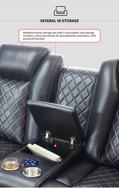 Power Reclining Sofa Couch with Wireless Charger 3 Seaters Recliner  Reading Light Leather Bluetooth Speaker Theater Seating LED