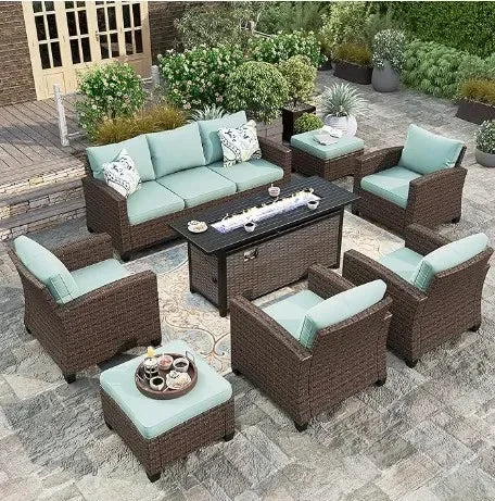 Garden Sofas, Furniture Set with Fire Pit Table, Outdoor Wicker Conversation Set, 3-Seat with 56