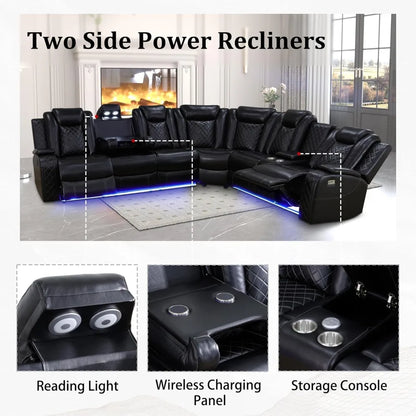 Power Recliner Sectional Sofa with LED Lights, USB Ports & Cup Holders - 6 Seater Living Room Set