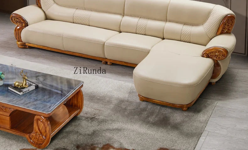 Ebony leather sofa, living room solid wood princess corner sofa, modern furniture