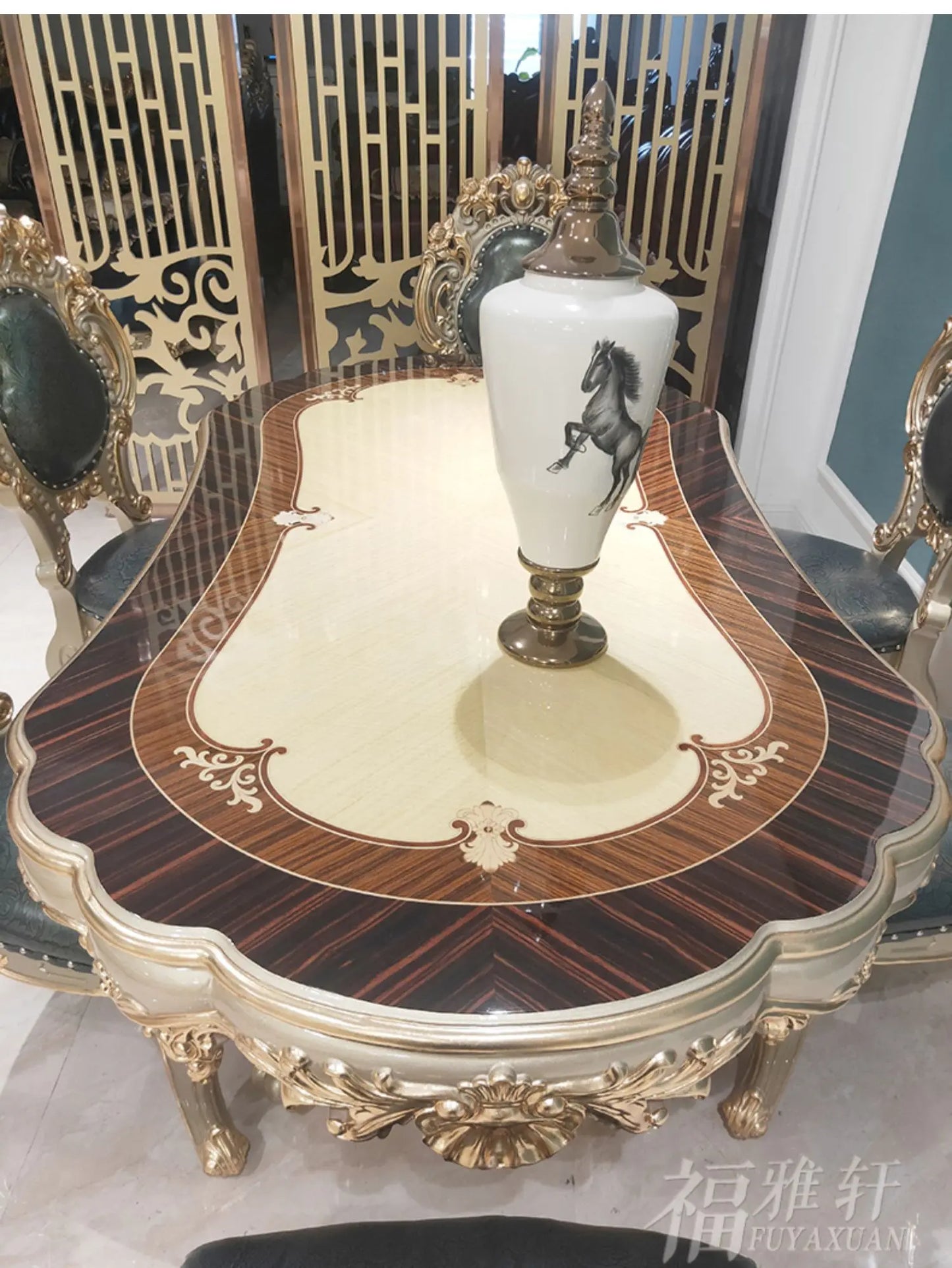European oval 1.8 meters long dining table and chairs combination villa solid wood carving flower atmosphere dining table