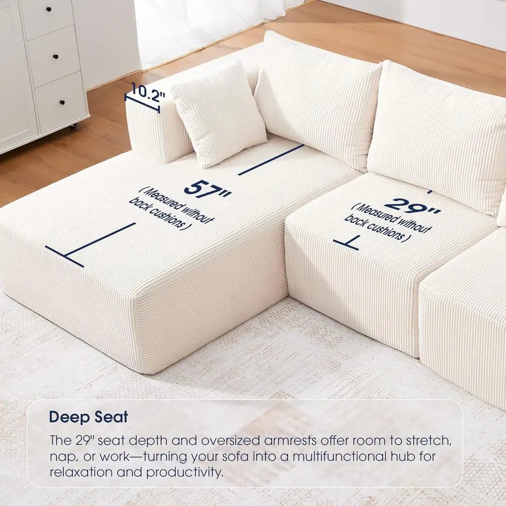 Corduroy L-Shape Sectional Sofa with Chaise Lounge, Beige