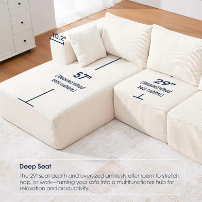 Corduroy L-Shape Sectional Sofa with Chaise Lounge, Beige