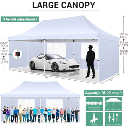 10x20 Pop up Canopy Heavy Duty Party Tent with 6 Removable Sidewalls, Waterproof Commercial Outdoor Gazebo for Wedding Events BBQ, Instant Sun Protection Shelter Multi-color Raised Roof Pavilion with 4 Sandbags Carrying Bag