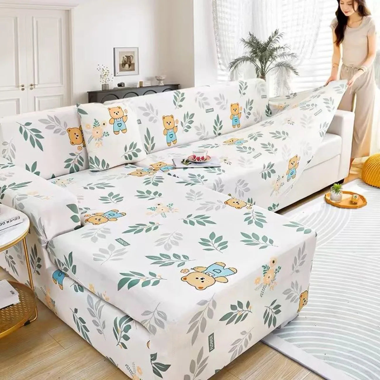 New All-season L-shape Non-slip Elastic Sofa Cover With Patterns, 360 Degree Coverage 1/2/3/4 Seat Sofa Cushion for Living Room
