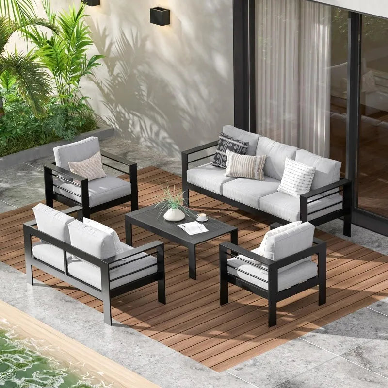 Metal Outdoor Sofa Set, 7-Seater Aluminum Patio Furniture with Table & 5" Grey Cushions, for Garden