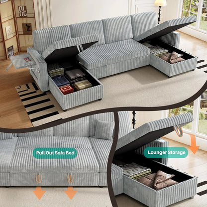 Sleeper Sectional Sofa, 110" Modern U Shaped Couch with Pull Out Bed, Convertible Corduroy Cloud Sofa with Double, Customized