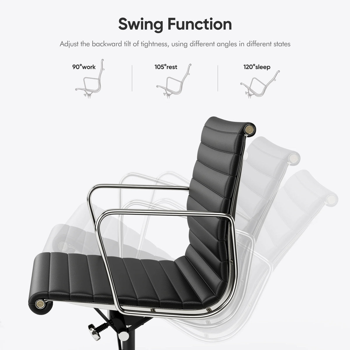 High Mid Back Ribbed Office Chair Genuine Leather Swivel Chair Adjustable Ergonomic Computer Chair with Aluminium Alloy Frame