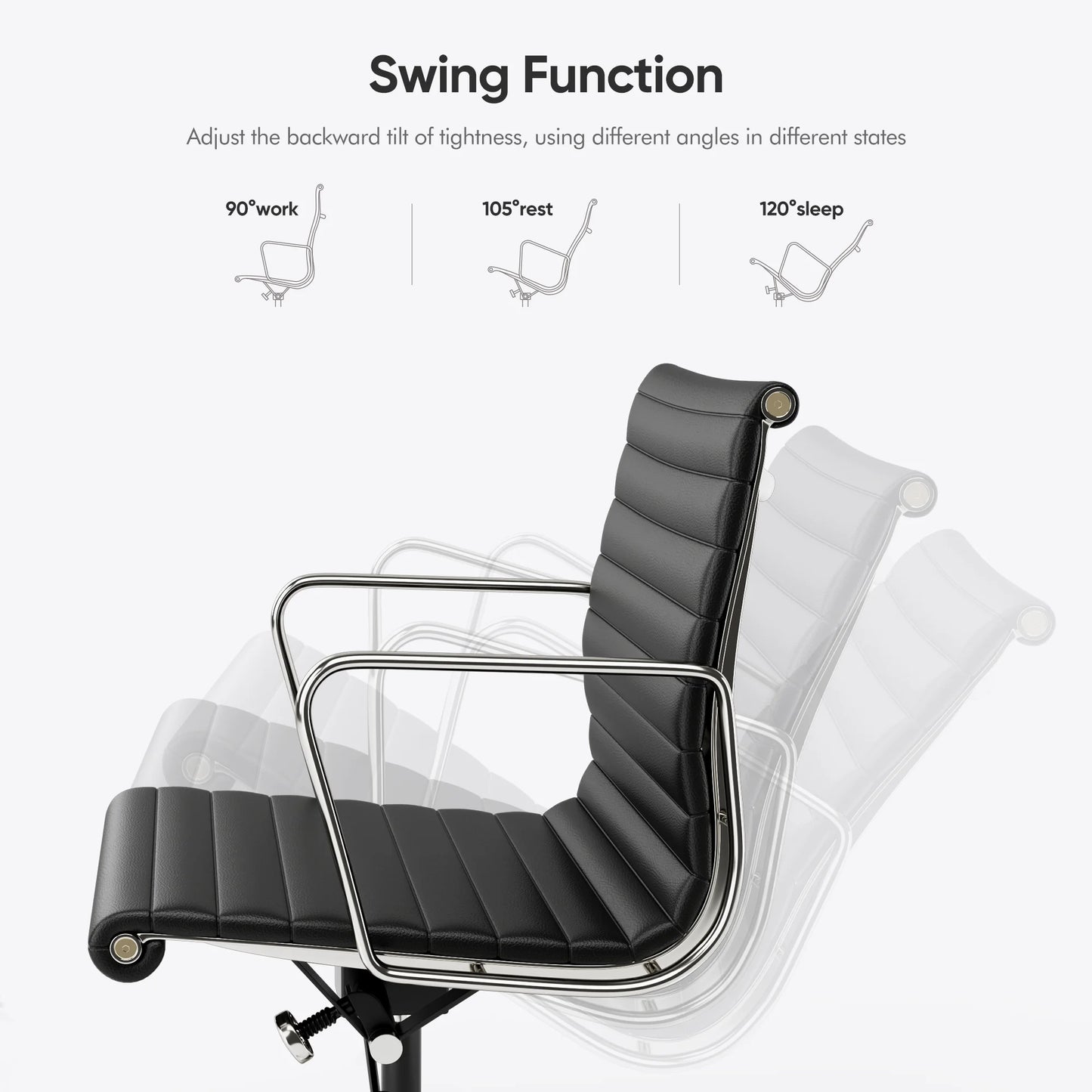 High Mid Back Ribbed Office Chair Genuine Leather Swivel Chair Adjustable Ergonomic Computer Chair with Aluminium Alloy Frame