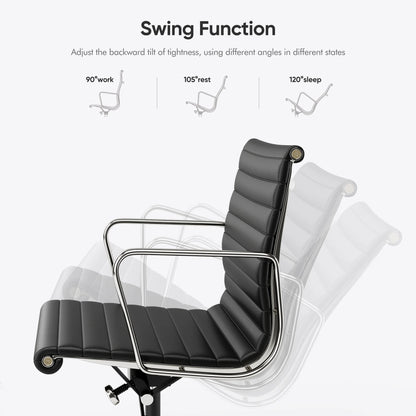 High Mid Back Ribbed Office Chair Genuine Leather Swivel Chair Adjustable Ergonomic Computer Chair with Aluminium Alloy Frame