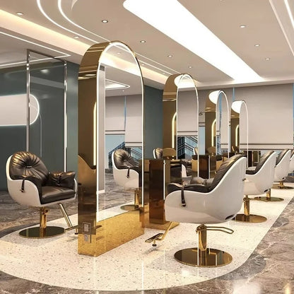 Salon Furniture Led Light Gold Frame Double Sided Barber Station Modern Hair Salon Mirrors Designs