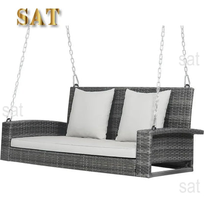 l Hanging Porch Swing, 2-Person Outdoor Wicker Swing Chair Bench With Cushions, Steel Chains For Garden, Backyard, Deck L