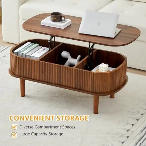 Fluted Lift Top Coffee Table, Hidden Compartment, Modern Oval Wooden Table, Walnut