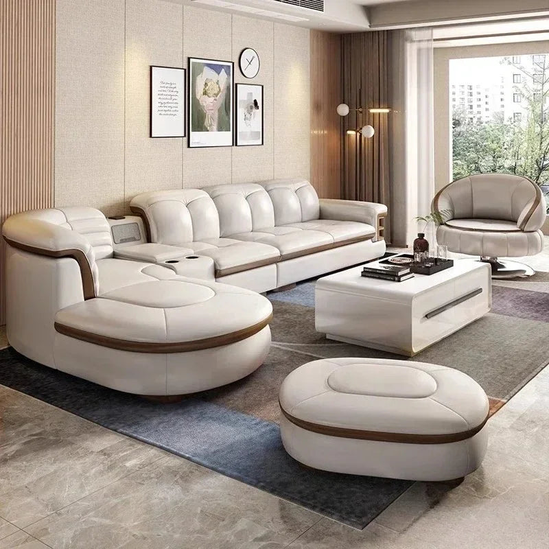 Luxury L-Shaped Genuine Leather Sectional Sofa Sets with USB, Bluetooth Speaker - MINGDIBAO Living Room Italian Leather Couches