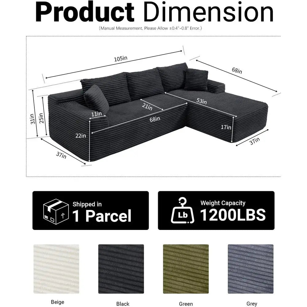 Modern 108 L-Shape Sectional Sofa, Deep Seated Cloud Couch, Corduroy Fabric, Black, Right Chaise, Living Room Furniture, No Asse