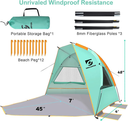 Beach Tent 3 Person Sun Shelter UPF 50+ with Extended Waterproof Pe Floor & 3 Mesh Roll Up Windows Fits