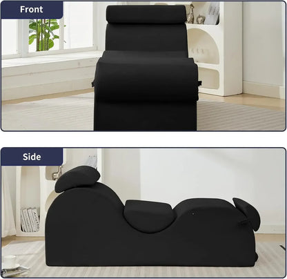 Sleek Chaise Lounge Chair for Exercise/Yoga, Indoor Lounger with Headrest, Waist Cushion, Movable Footrest, Side Pockets, Non-Sl