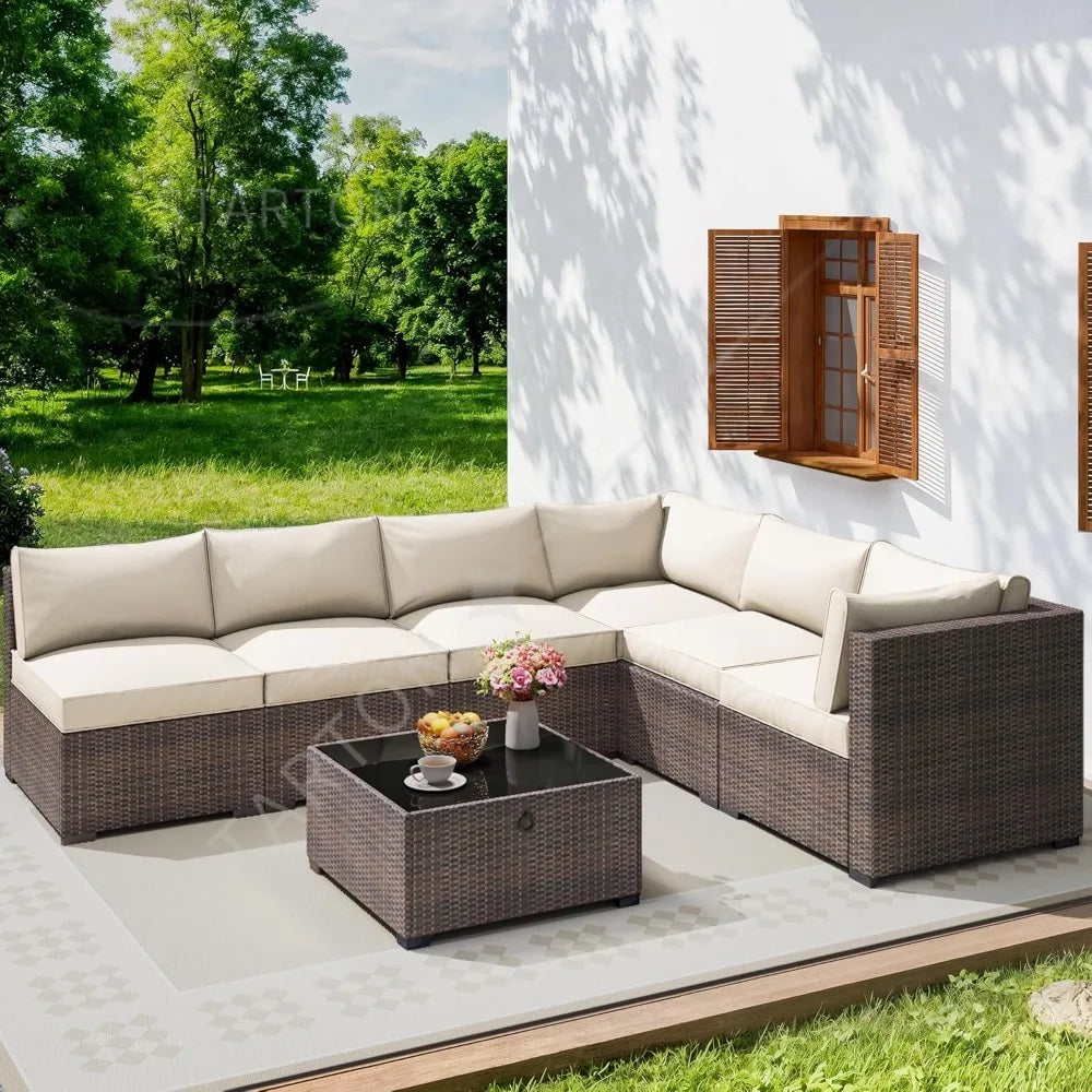 Seven Piece Patio Set, Rattan Wicker Sectional Sofa, Modern Modular Conversation Furniture