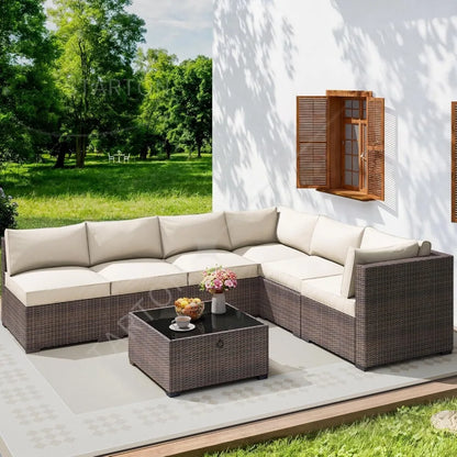 Seven Piece Patio Set, Rattan Wicker Sectional Sofa, Modern Modular Conversation Furniture