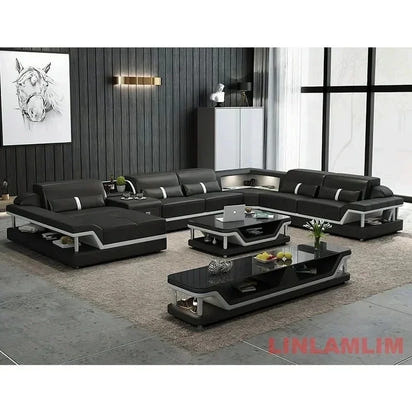 Minimalist Leather Sectional Sofa Set with Storage, Glass Coffee Table & TV Stand for Living Room