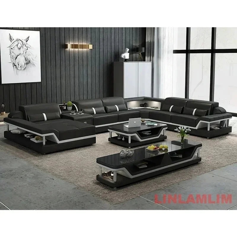 Minimalist Leather Sectional Sofa Set with Storage, Glass Coffee Table & TV Stand for Living Room