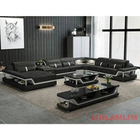 Minimalist Leather Sectional Sofa Set with Storage, Glass Coffee Table & TV Stand for Living Room