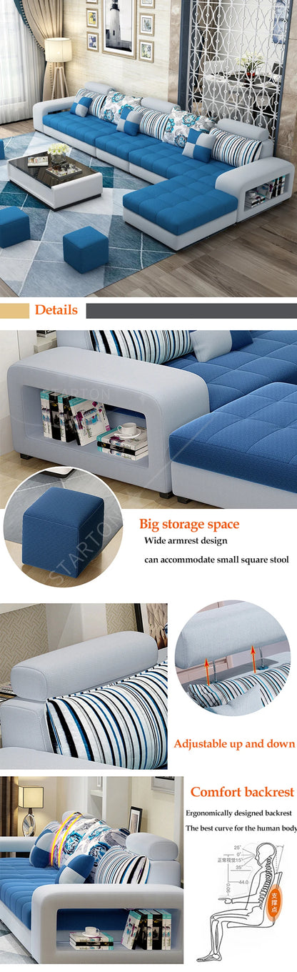 European Luxury Living Room Sofas 7 Seater U Shaped Home Furniture Wooden Fabric Armchair Corner Recliner Sectional  Sofa Set