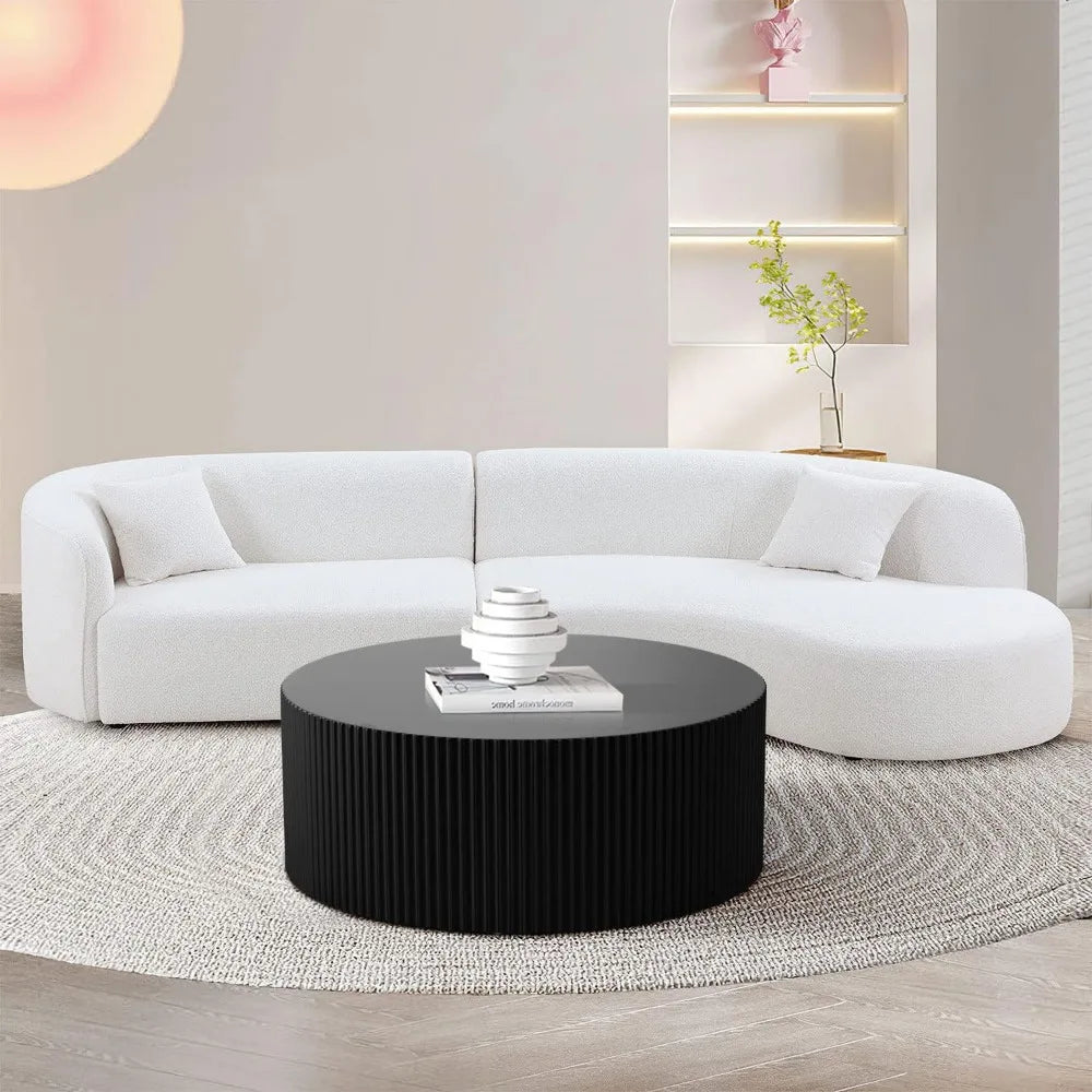 Round Coffee Table, Modern Black Side Table End Table for Living Room, Wood Circle Drum Coffee Table with Handcrafted Relief, Co