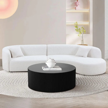 Round Coffee Table, Modern Black Side Table End Table for Living Room, Wood Circle Drum Coffee Table with Handcrafted Relief, Co