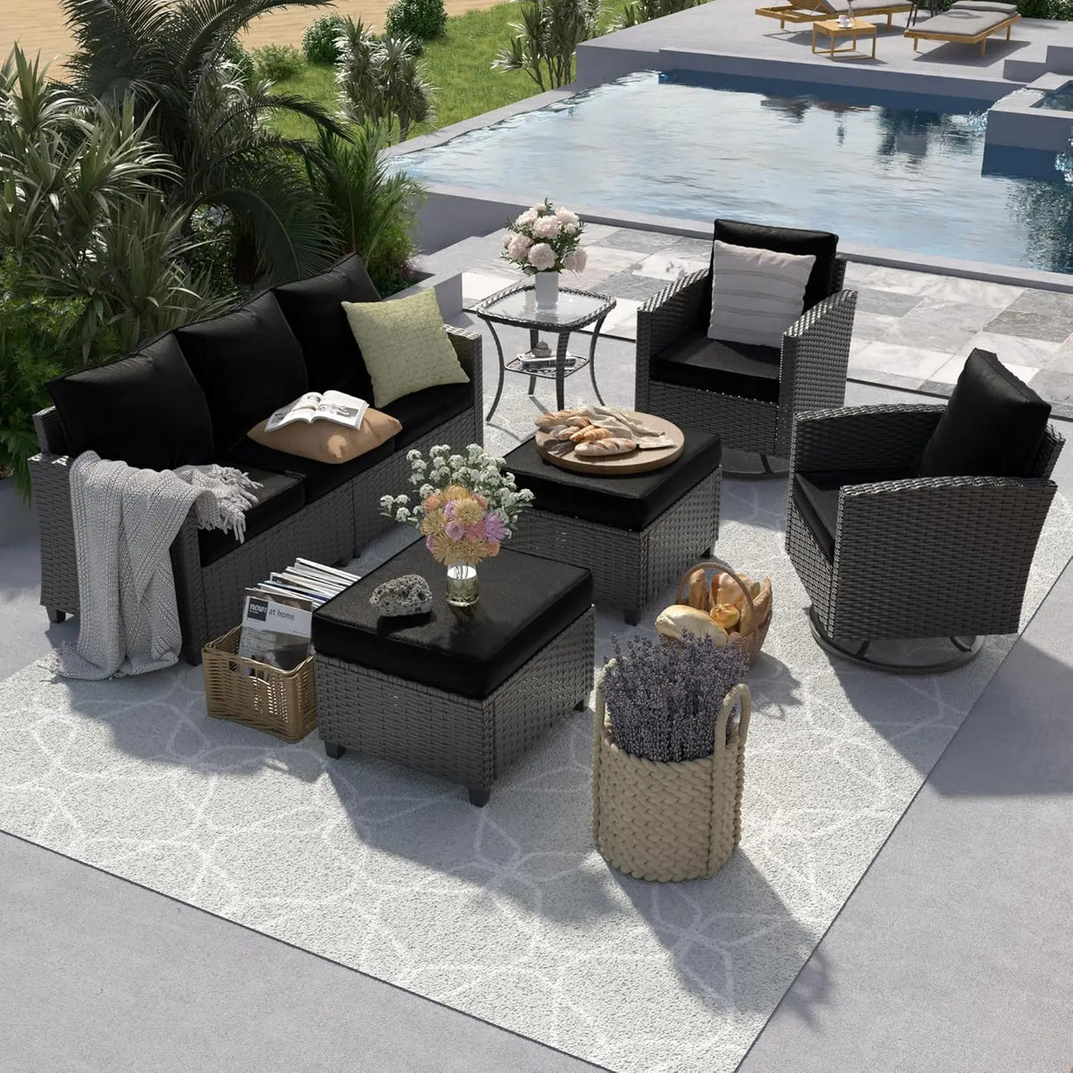 Patio Furniture Set, 6 Pieces Outdoor Sectional Couch with Swivel Rocking Chair, Gray Wicker Rattan Sofa with Side, Customized