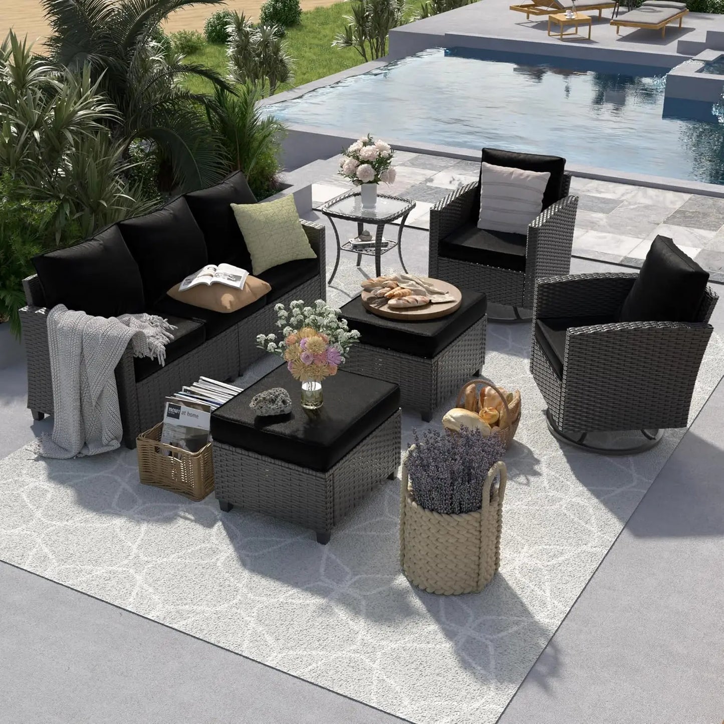 Patio Furniture Set, 6 Pieces Outdoor Sectional Couch with Swivel Rocking Chair, Gray Wicker Rattan Sofa with Side, Customized